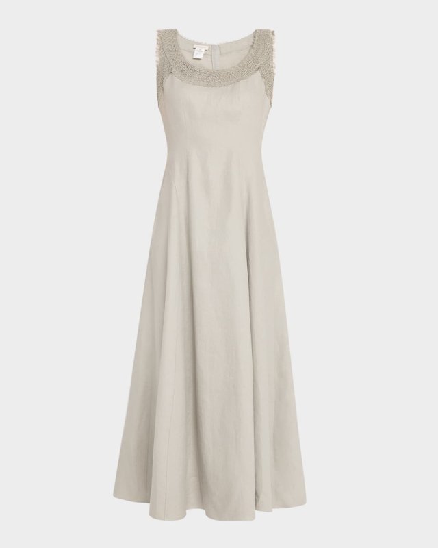 Square-Neck Linen Dress with Knit Trim